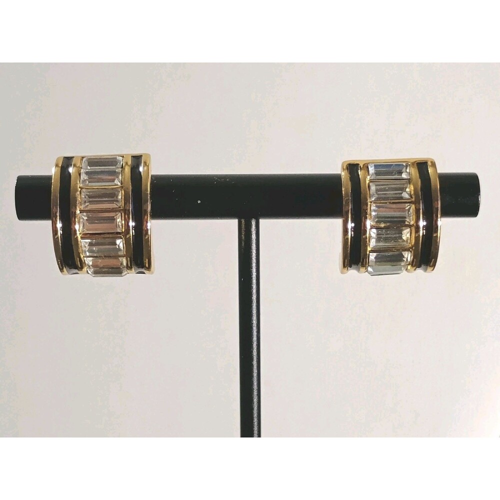 Christian Dior Baguette Rhinestone Black Enamel Gold Tone Half Hoop Hug Earrings
